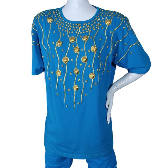 Vintage Art Wear Apparel Limited Set of Top and Pants Size Large Blue and Gold - Picture 4 of 15